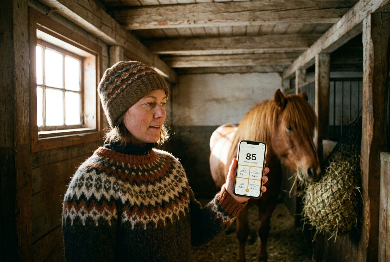 Hesteeier ser på Hoofprint-resultater på mobilen etter et opptak